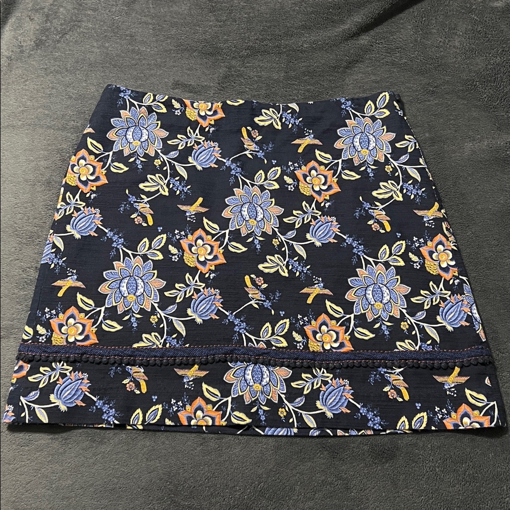 LOFT women’s size 12 mini skirt dark blue orange yellow floral birds high waist